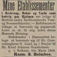 370. Annonse fra Rasmus S. Holmboe i Tromsø Stiftstidende 03.11.1888.jpg