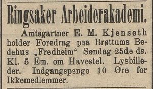 Annonse fra Ringsaker Arbeiderakademi i Gudbrandsdølen 22.04.1909.jpg