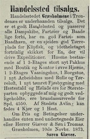 Annonse fra Søren Giæver i Tromsø Stiftstidende 23.11.1873.jpg