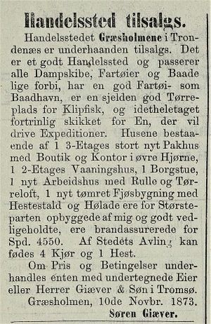 Annonse fra Søren Giæver i Tromsø Stiftstidende 23.11.1873.jpg