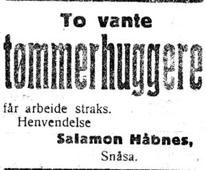 Annonse fra Salomon Håbnes i Inntrøndelagen 20.1. 1926.jpg