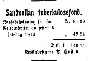 Annonse fra Sandvollan tuberkulosefond i Indtrøndelagen 17.1. 1913.jpg