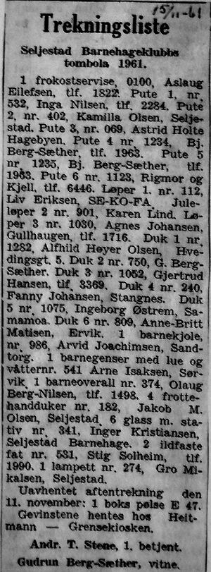 Annonse fra Seljestad barnehageklubb i Harstad Tidende 15. november 1961.jpg