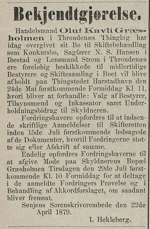 Annonse fra Senjens Sorenskriverembede i Tromsø Stiftstidende 01.05.1879.jpg