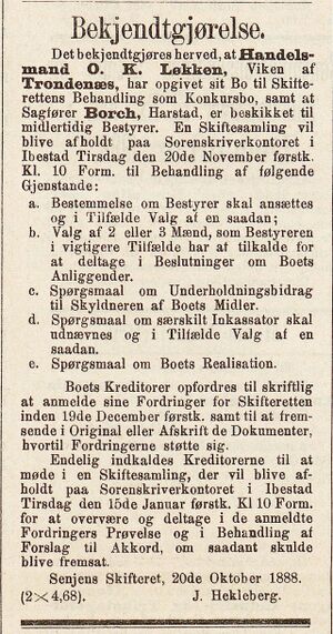 Annonse fra Senjens skifteret i Norsk Kundgjørelsestidende 31.10.1888.jpg
