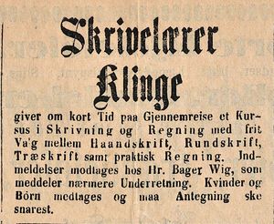 Annonse fra Skrivelærer Klinge i Lofot-Posten 15.08.1885.jpg