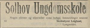 Annonse fra Solhov Ungdomsskole i Nordlys 16.08. 1923.jpg
