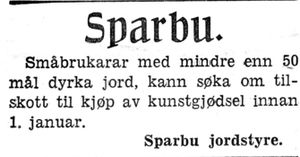 Annonse fra Sparbu jordstyre i Arbeideravisen 1938.jpg