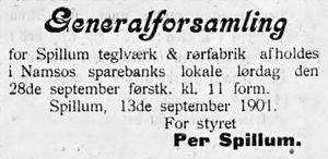 Annonse fra Spillum teglværk & rørfabrik i Namdalens Folkeblad 1901.jpg