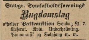 Annonse fra Stavanger totalafholdsforenings ungdomslag i Stavanger Aftenblad 10.02.1906.jpg