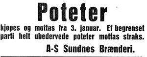 Annonse fra Sundnes Brænderi i Trønderbladet 22.12. 1926.jpg