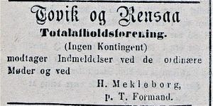 Annonse fra Tovik og Rensaa Totalafholdsforening i Tromsø Amtstidende 04.01.1889.jpg
