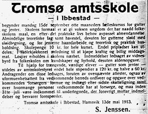 Annonse fra Tromsø amtsskole i Harstad Tidende 26. juni 1913.jpg
