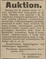 Auksjon over Jakobsens konkursbo ble kunngjort i Harstad Tidende 10. januar 1910.