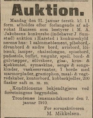 Annonse fra Trondenæs lensmandskontor i Harstad Tidende 10.01. 1910.jpg