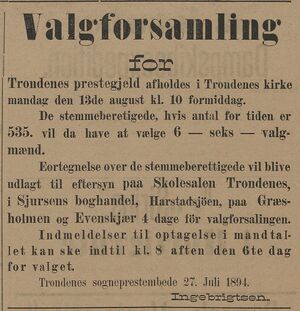 Annonse fra Trondenes sogneprestembede i Tromsø Amtstidende 28.07. 1894.jpg