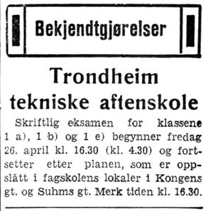 Annonse fra Trondheim tekniske aftenskole i Arbeider-Avisen 24.4.1940.jpg