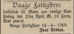 Annonse fra Vaage Fattigstyre i Gudbrandsdølen 22.04.1909.jpg