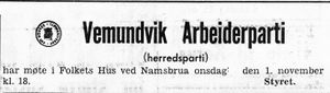 Annonse fra Vemundvik Arbeiderparti i Namdal Arbeiderblad 28.10.1950.jpg