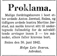 229. Annonse fra advokat Helge Leiv Svarva i Nord-Trøndelag og Inntrøndelagen 4.7. 1942.jpg
