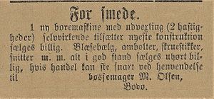 Annonse fra bøssemager M. Olsen i Lofotens Tidende 12.03. 1892.jpg