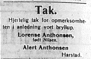 Annonse fra brudeparet Anthonsen i Folkeviljen 24.8.1922.jpg