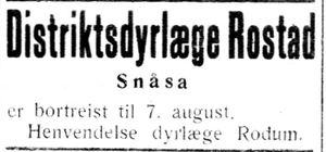 Annonse fra dyrlege Rostad i Inntrøndelagen og Trønderbladet 7.7. 1932.jpg
