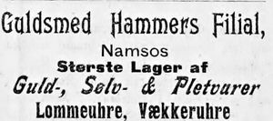 Annonse fra gullsmed Hammers filial i Namsos i Namdalens Folkeblad 1901.jpg