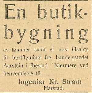 Annonse fra ingeniør Kr. Strøm i Folkeviljen 1.10. 1919.jpg