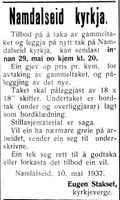 73. Annonse fra kirkevergen i Namdalseid i Inntrøndelagen og Trønderbladet 24.5. 1937.jpg