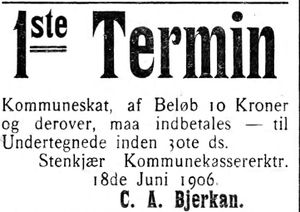 Annonse fra kommunekassereren i Steinkjer i Indtrøndelagen 20.6.1906.jpg