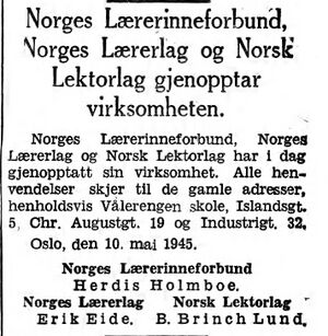 Annonse fra lærerlaga i OSLO-PRESSEN 11. mai 1945.jpg