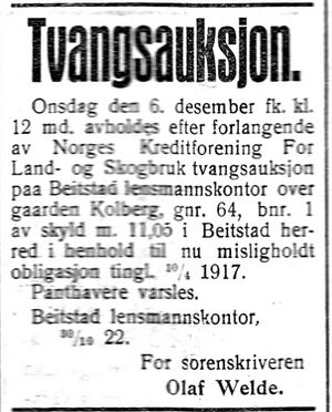 Annonse fra lensmannen i Beitstad i Nord-Trøndelag og Nordenfjeldske Tidende 2.11. 1922.jpg