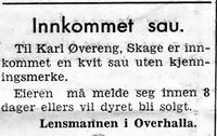 8. Annonse fra lensmannen i Overhalla i Namdal Arbeiderblad 28.10.1950.jpg