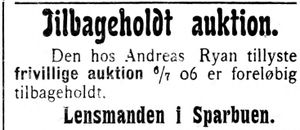 Annonse fra lensmannen i Sprabu i Indtrøndelagen 20.6.1906.jpg