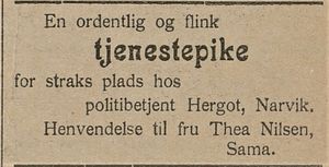 Annonse fra politibetjent Hergot i Haalogaland 15.02. 1908.jpg
