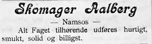 Annonse fra skomaker Aalberg i Namdalens Folkeblad 1901.jpg