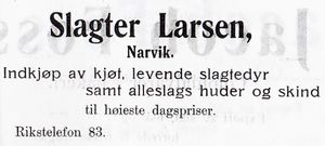 Annonse fra slagter Larsen i Narvikboka 1912.jpg