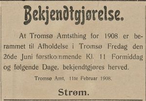 Annonse fra stiftsamtmann Strøm i Haalogaland 15.02. 1908.jpg