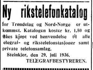 Annonse fra telegrafbestyreren i Steinkjer i Inntrøndelagen og Trønderbladet 31.7.1936.jpg