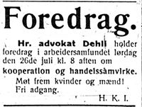 42. Annonse om advokat Ole Dehlis foredrag på Arbeidersamfundet i Harstad Tidende 24. juli 1913.jpg