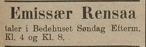Annonse om tale ved emissær Rensaa i Agder 29.06.1905.jpg