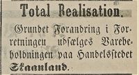 32. Annonse om utsalg fra handelsstedet Skaanland i Tromsø Amtstidende 13.10. 1889.jpg