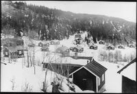 Hanebogen sett fra Bjørklund (husene i forgrunnen). På bildet er i alt 12 typehus i 1 etasje ("type A1" og "type A2"). Det gamle gårdstunet i Hanebogen skimtes til høyre i bildet. Østlid ligger mot skogkanten midt i bildet (annen hustype). Foto: Ukjent / Åsen Museum og Historielag.