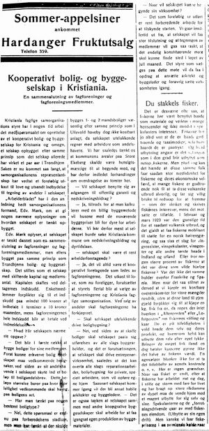 Artikkel om kooperative byggeselskap i Folkeviljen 31. mai 1923.jpg