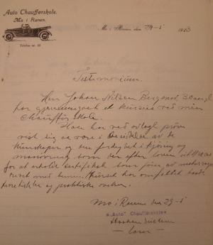 Auto Chaufførskole Mo i Ranen 1923 testimonium.png