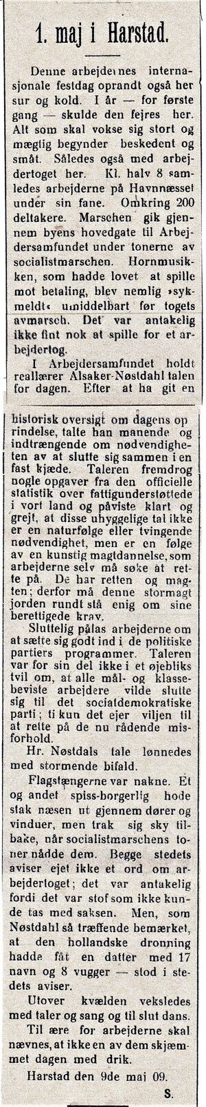 Avisklipp om 1. mai 1909 i Harstad fra Nordlys 12.05.1909.jpg