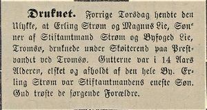 Avisklipp om barn som druknet i Tromsø Amtstidende 10.11. 1889.jpg