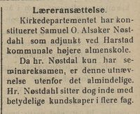 305. Avisklipp om læreransettelse fra Nordlys 06.11.1909.jpg