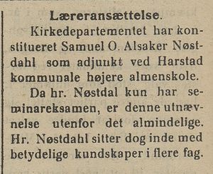 Avisklipp om læreransettelse fra Nordlys 06.11.1909.jpg